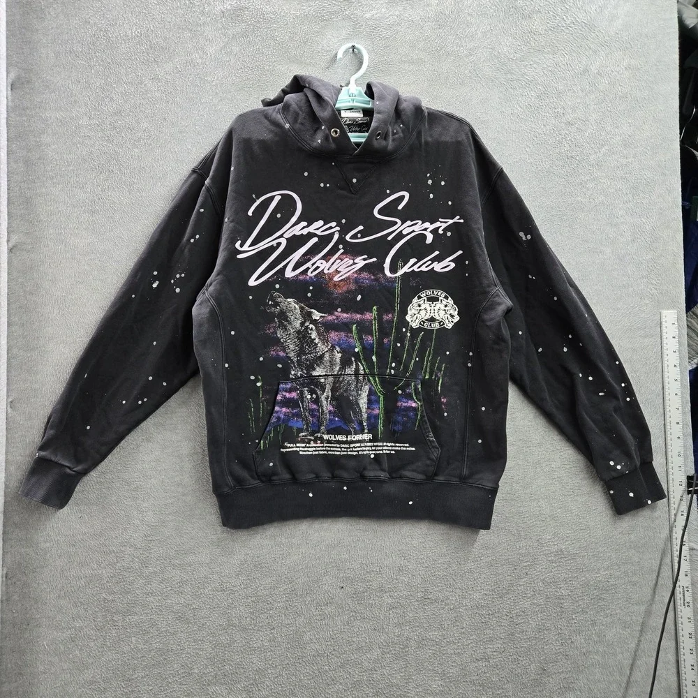 Dare‎ Sport Men Hoodie L Black Graphic Night Desert Wolf Splatter 550